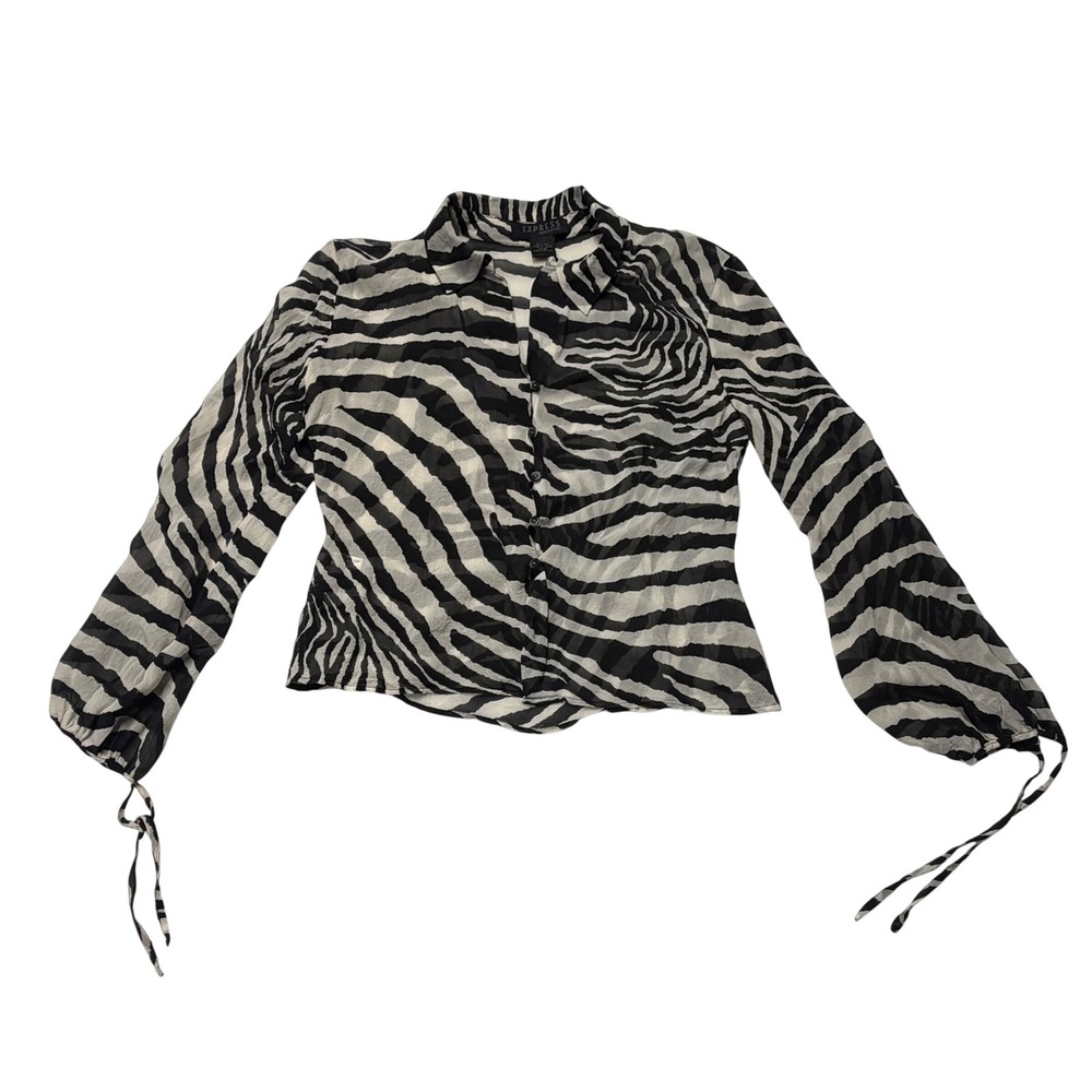 Express World Brand 100% Silk Zebra Print Sheer Button Front Blouse 9/10 Y2K